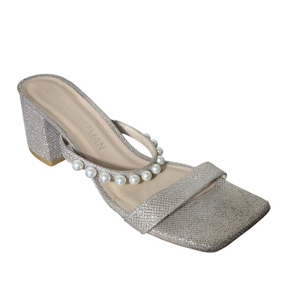 Stuart Weitzman Shoes - Stuart Weitzman Sandals Sz 11 Goldie 60 Pearl Glitter Block Slide Champagne Gold